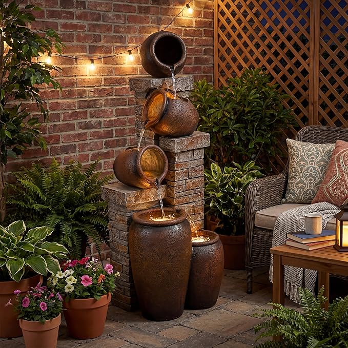 44-Inch Outdoor Water Fountain, 5-Tier Floor Standing Cascading Jars and Stacked Stones Resin Waterfall Fountain with 4 LED Lights, Home Decor for Garden, Patio, Yard, Farmhouse or Deck in Brown