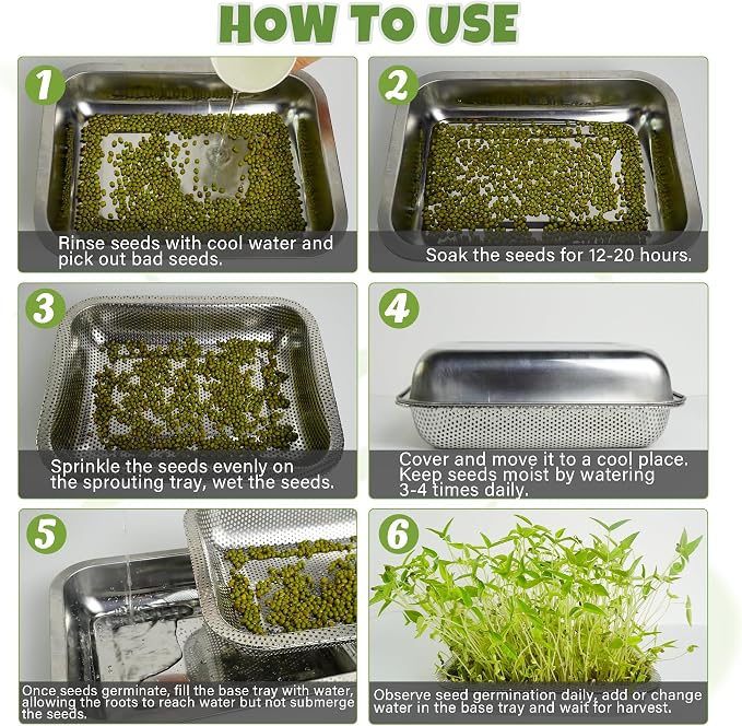 2 Pack Stainless Steel Seed Sprouter Trays, 2-Tier Soil-Free Microgreens Growing Kit, Rust-Free Sprouting Tray with Mesh Pads for Sprouts Beans Alfalfa Wheatgrass (12.6"*8.7"*2.8")