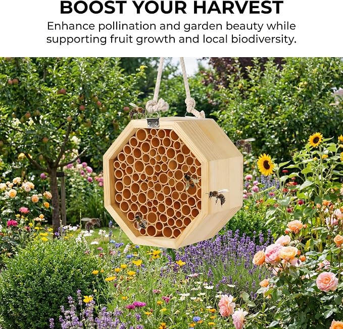 Mason Bee House - Handcrafted Natural Wooden Bee Hotel with Waterproof Wax Coating - Attracts Peaceful Pollinators, Enhances Garden Productivity