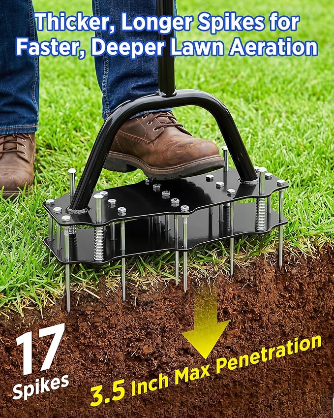 Manual Lawn Aerator with Double-Layer Spring, Heavy Duty Garden Soil Loosener Tool, Spike Aeration Tool with T-Handle and Large Foot Plate for Lawn, Yard, Garden Soil