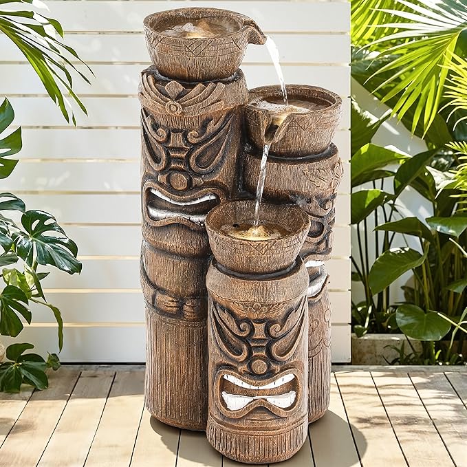 31" Outdoor Fountain, 3-Tier Tiki Head Bowl Water Feature with LED Lights, Tropical Resin Soothing Cascading Waterfall for Patio, Backyard, Garden or Porch