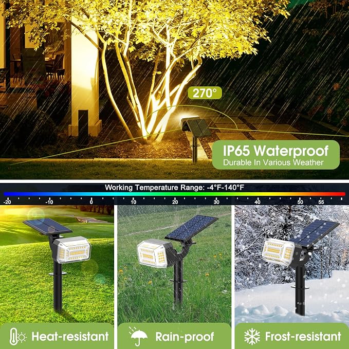 WENATY Solar Spot Lights Outdoor, 102 LED Solar Garden Yard Spotlight Waterproof Landscape Flood Powered Lights with Adjustable Light & Panel, 4 Lighting Modes for Pathway Driveway, 4 Pack(Warm White)