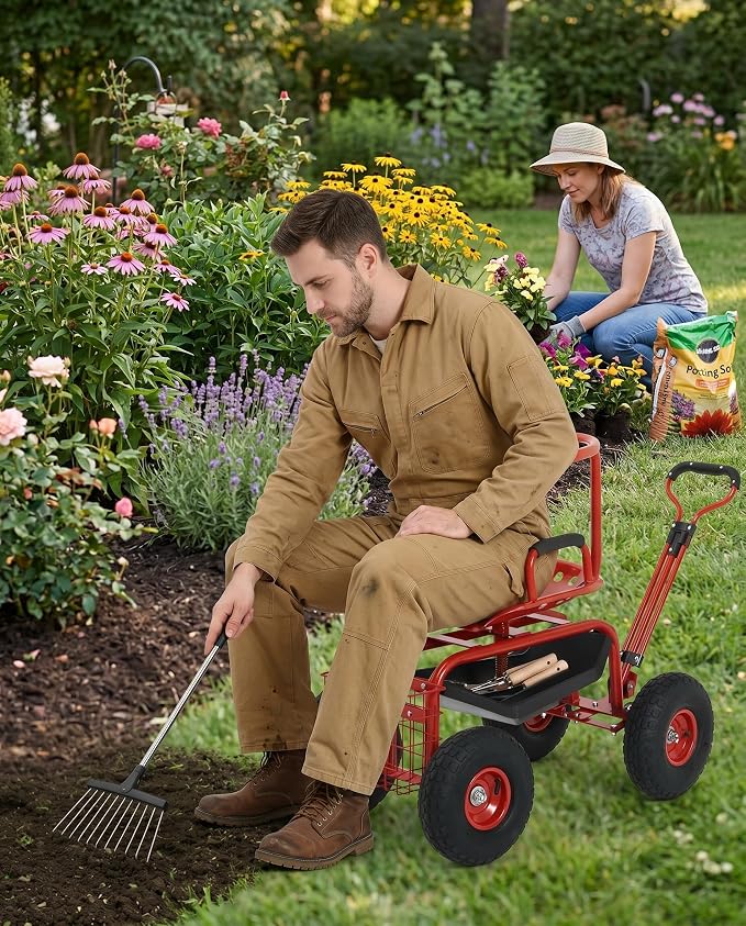 Rolling Garden Cart Workseat with Wheels, 360 Degree Swivel Gardening Stool, Extendable Steering Handle, Tool Tray, 10-Inch Inflatable Tires, Reinforced Steel Frame
