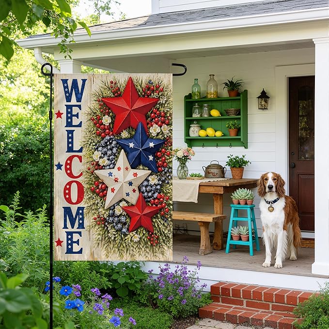 4th of July Decorations - Patriotic Stars Welcome Garden Flag | Double Sided Fourth of July Accessories Patriotic Banner | 250 Anniversary USA Merchandise for Garden Yard Porch Patio Lawn Outdoor Outside Decor