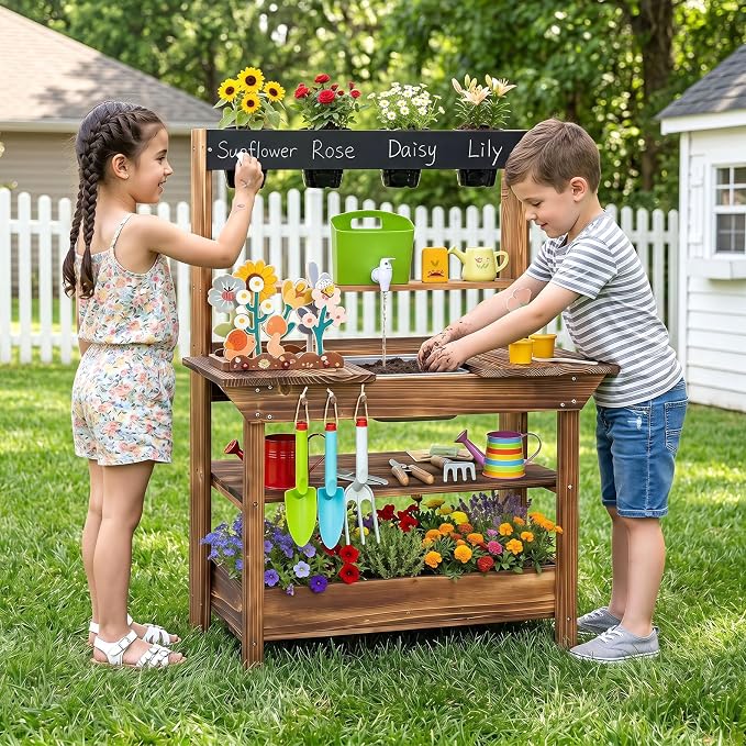 HONEY JOY Mud Kitchen, Fir Wood Kids Potting Bench Table, Removable Sink, 4 Planting Cups, Accessories, Outdoor Play Kitchen for Toddlers, Garden Time Mud Kitchen for Kids Outdoor Backyard