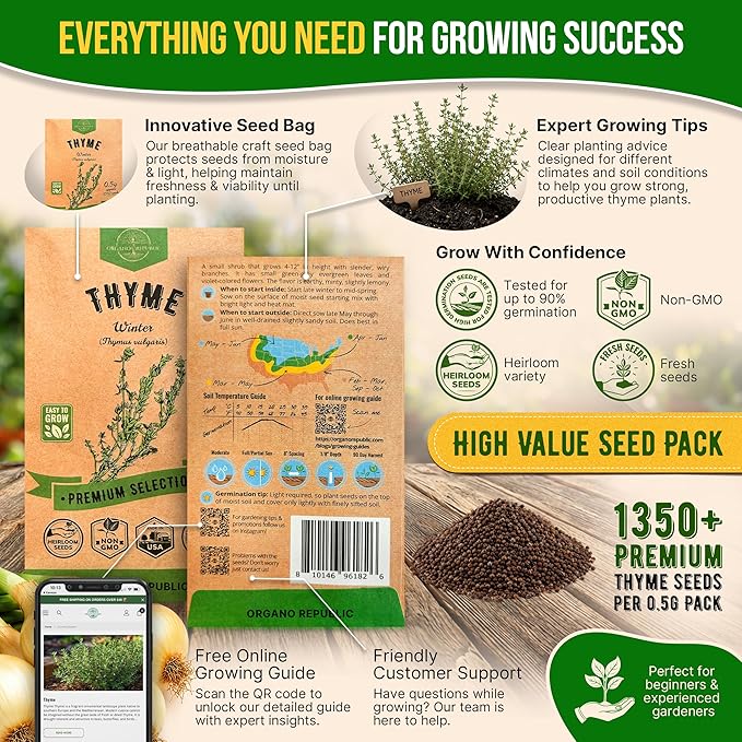 Thyme Seeds Pack 0.5 G - Over 1,350 Non-GMO Heirloom Thyme Seeds for Planting Herbs in Individual Seed Packet, Herbs Seeds for Planting Home Garden Indoor & Outdoor Gardening