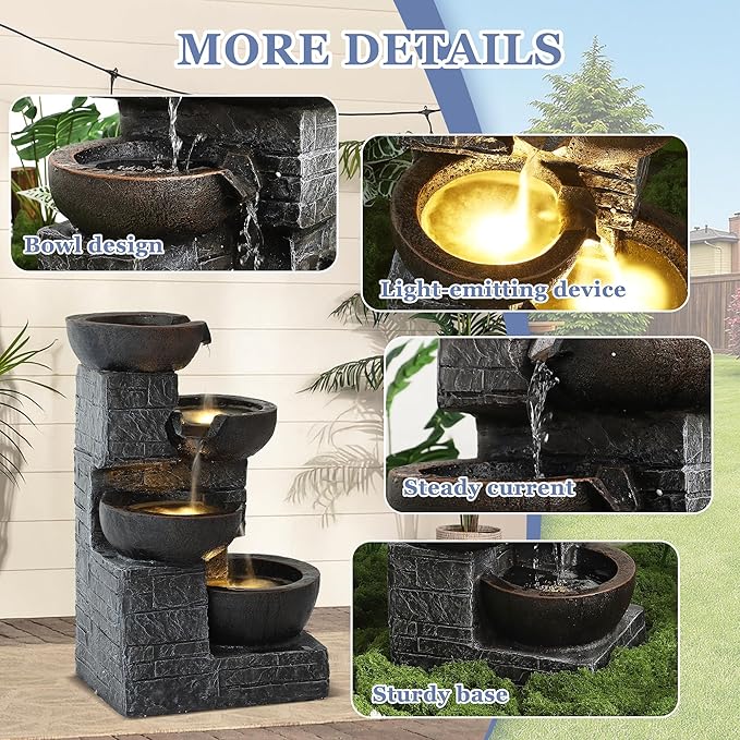 Grepatio Outdoor 4-Tiers Water Fountain, Garden Cascading Waterfalls Fountain with 4 LED Lights, 21.9" H Modern Indoor/Outdoor Bowl Waterfall Feature Water Fountains for Garden, Yard Decor (Brown)