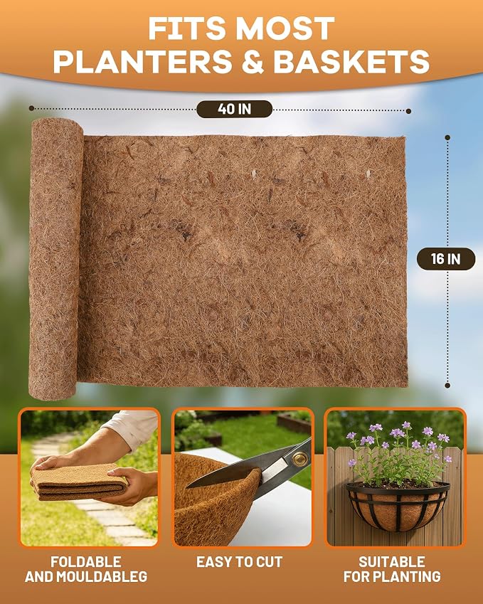 Coco Liners for Planters - Thick Coconut Fiber, Pre-Drained Planter Liner, Reptile Bedding & Garden Mat | 100% Natural & Biodegradable Coconut Coir for Plants (16" x 40")