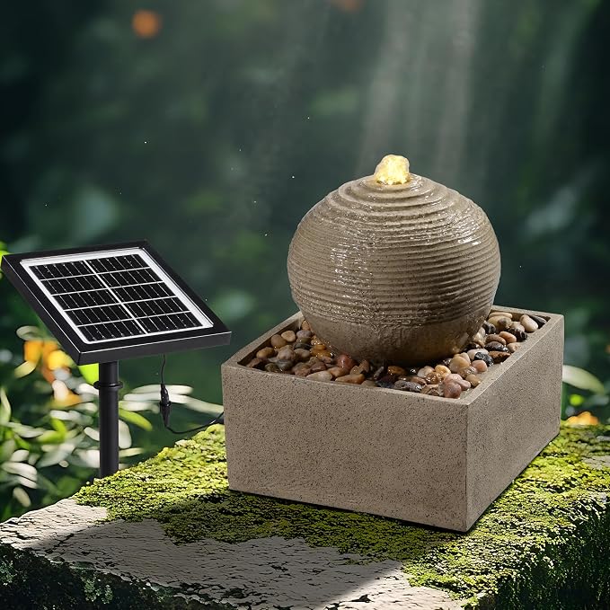 Solar Fountain Outdoor with LED Lights, Zen Sphere Water Fountain, Small Resin Garden Water Feature for Patio, Porch, Deck, Backyard & Indoor Decor, 12 Inch