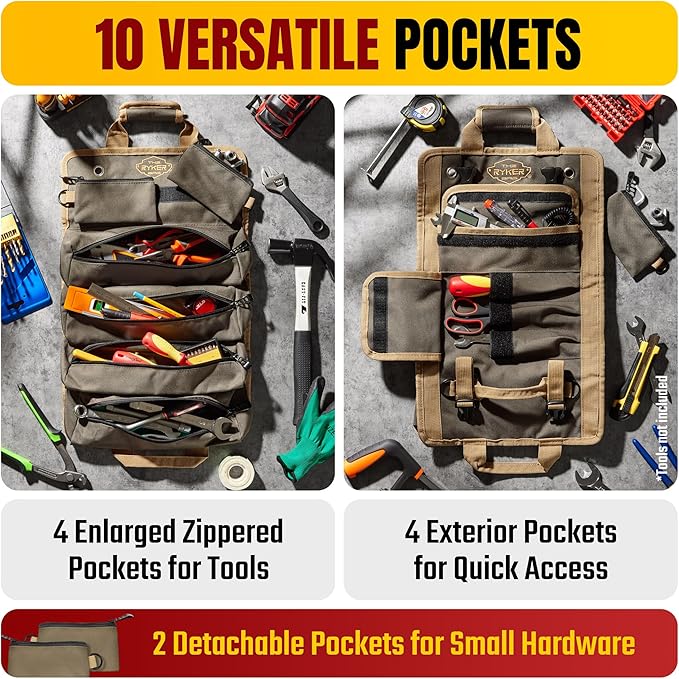 The Ryker Bag Tool Roll Organizer with Detachable Pockets – Heavy Duty Roll-Up ToolBag for Mechanics, Electricians, Plumbers, Contractors, Garage & Job Site Use Gift for Dads (AP-TR)