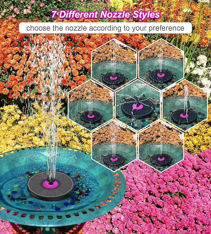 SZMP Powerful 3.5W Anti-Drift Solar Fountain for Bird Bath, Solar Powered Water Pump with 7 Nozzles, Bird Bath Fountain for Garden, Pool, Pond – Attracts Hummingbirds (Black Panel)