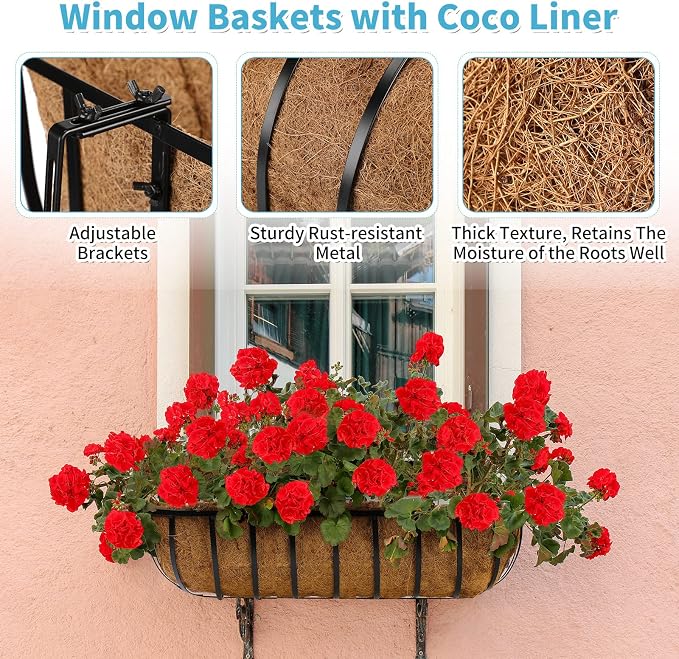 Tessco for you 6 Pieces Railing Planter Boxes, 30 Inches Window Box Planters with Coco Liner and Adjustable Brackets for Deck Porch Fence Patio Balcony Gardening Outdoor Plants