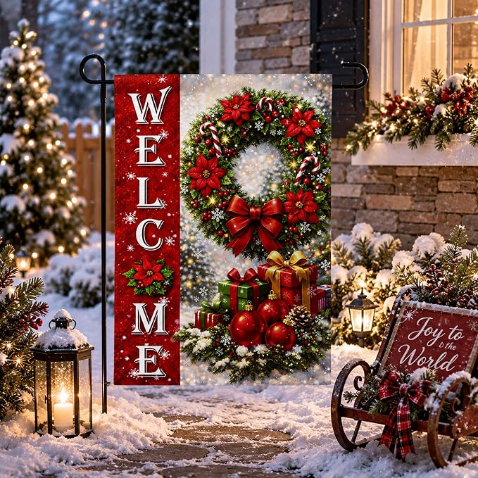 Christmas Decorations - Xmas Wreath Welcome Garden Flag | Christmas Party Decor Favors Supplies for Outdoor Outside - Red Wreath Double Sided Backdrop Banner for Garden Porch Patio Lawn Yard