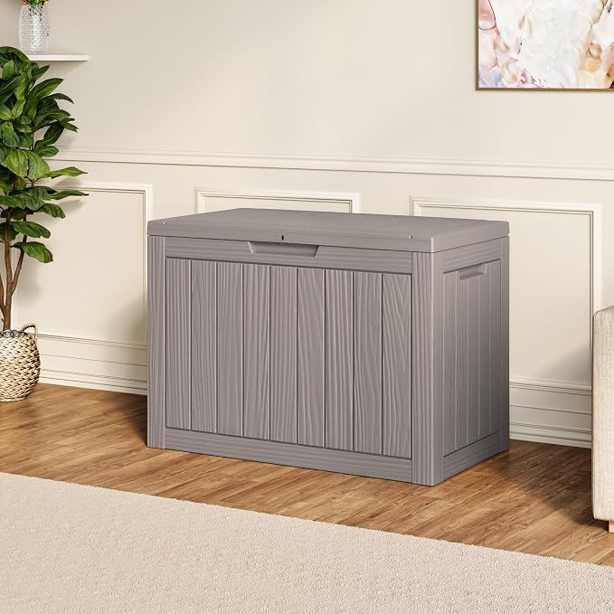 Outdoor Storage Box, 50 Gallon Resin Deck Boxes Outdoor Waterproof For Patio Furniture, Garden Tools, Pool Supplies, Lockable And UV Resistant (Striped Gray)