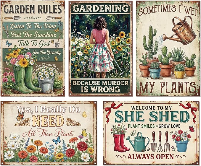 Rngmsi Metal Garden Signs for Outside, 5PCS Funny Vintage Garden Decor Decorative Outdoor Yard, Gardening Housewarming Gifts Decorations for Women and Plant Lovers