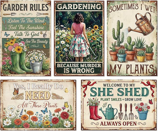 Rngmsi Metal Garden Signs for Outside, 5PCS Funny Vintage Garden Decor Decorative Outdoor Yard, Gardening Housewarming Gifts Decorations for Women and Plant Lovers