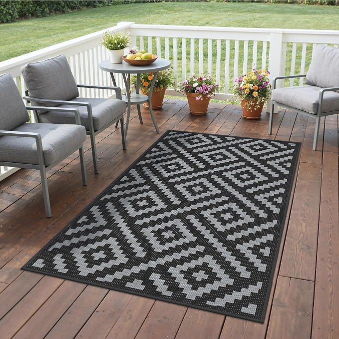 GENIMO Outdoor Rugs 3'x5' Waterproof, Reversible Mats, Outdoor Area Rug, Plastic Outside Carpet, Eeometric Rv Mat for Patio Camping Rv Picnic Backyard Deck Balcony Porch Beach Trailer (Black & Grey)