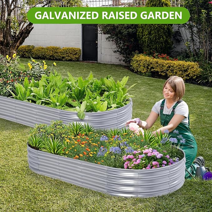 Galvanized Raised Garden Bed Kit, Planter Garden Boxes Outdoor, Oval Large Metal for Vegetables Fruits, Flowers Planter Boxes, Easy Assembly Garden Bed Kit (Silver, 8×4×1FT (1-Pack)