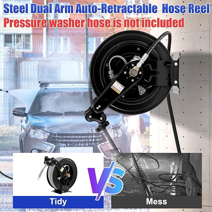 FIXFANS High Pressure Washer Hose Reel for Water/Air/Oil, 3/8" X 50 FT Steel Dual Arm Auto-Retractable Power Wash Hose Reel, Heavy Duty Hose Reel 4000 PSI
