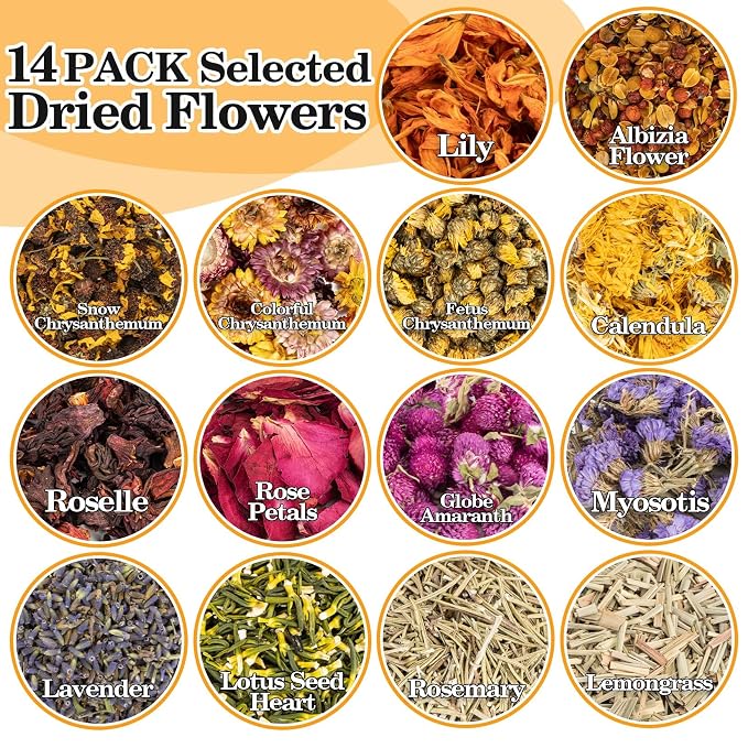 Sukh Dried Herbs Kit - Dried Botanicals Bulk,14 Bags Natural Dry Flowers and Herbs for Soap,Candle,Perfume,Bath Bombs,Resin Jewelry Making Supplies,Fragrance Sachet DIY and Witchcraft
