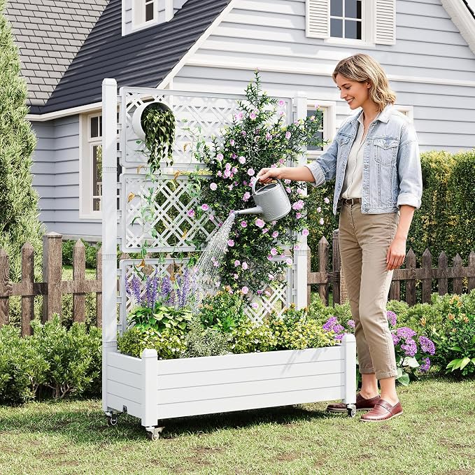 Resin Raised Garden Bed with Trellis and Wheels, Planter Box with Trellis Outdoor, Raised Planter with Trellis with Drainage Holes & Water Monitor for Climbing Plants, Ashen(61.2" H)