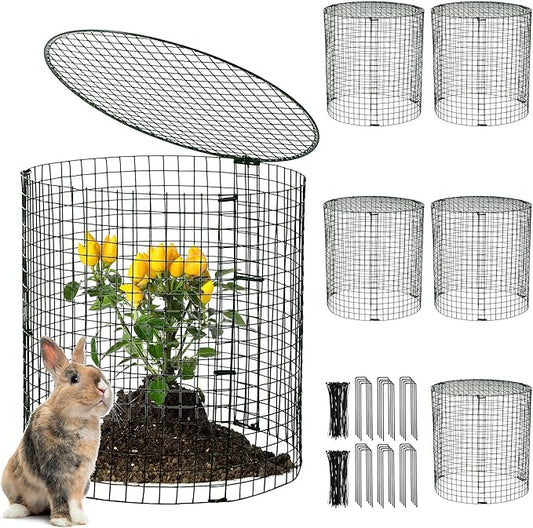 Hiboom 6 Set Garden Plant Protectors from Animals with Stakes, Metal Mesh and Detachable Covers Wire Plant Cage for Keeping Bunny Animals Out, Chicken Wire Cover Garden Protection (15.7x13)