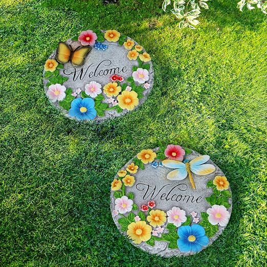2 Pack Garden Stepping Stones Outdoor 10 Inch Round Cement Stepping Stones with Hand-Painted Flowers, Butterfly & Dragonfly, Decorative Pavers for Outside Walkway Patio Yard