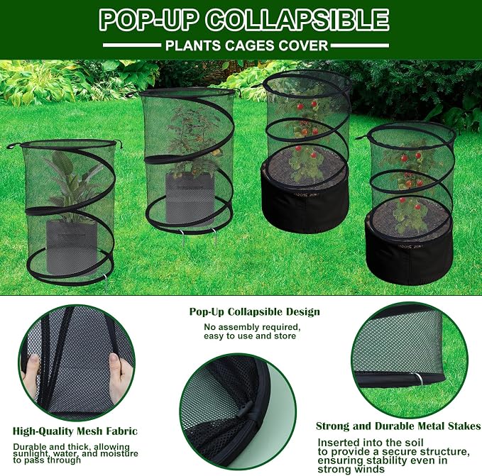 4 Pack Pop up Plant Covers Tent from Animals, 20"H X 13"D Insect Barrier Mesh Plant Guard Cover Net Black Garden Plant Protectors Mini Greenhouse Plant Protection Cage with Stakes for Outdoor Plants