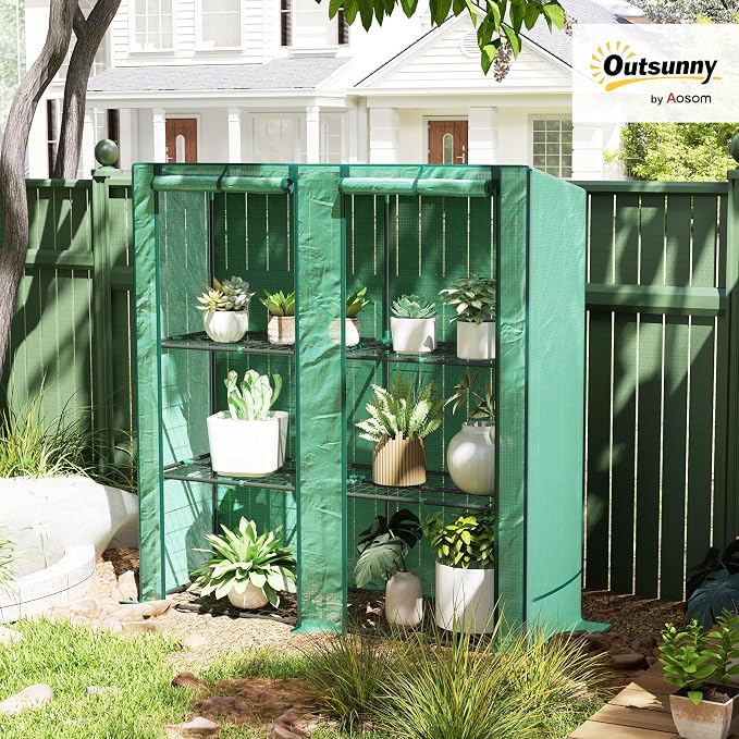 Outsunny Lean-to Greenhouse with 3 Tier Shelves, 56.7" x 18.9" x 59.8" Portable Small Greenhouse with PE Cover, 2 Roll-Up Zippered Doors, for Indoor Outdoor Garden Backyard Balcony, Green