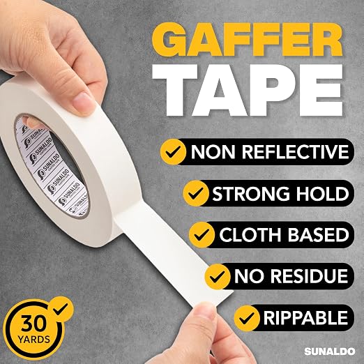 Gaffers Tape Heavy Duty, Easy to Rip, Residue-Free Professional Grade Floor Tape for Electrical Cords, Matte Finish Non Reflective, Weather Resistant (1, White, 1" x 30 Yards)