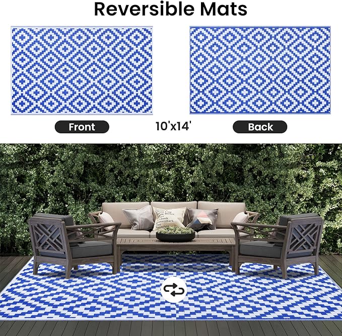 Smiry Waterproof Outdoor Rug 10X14 ft, Reversible Plastic Straw Patio Camping Rugs, Outdoor Indoor RV Mat Carpet for Patio, Outside Entry, Backyard, Deck, Bench, Picnic, Camper, White & Blue
