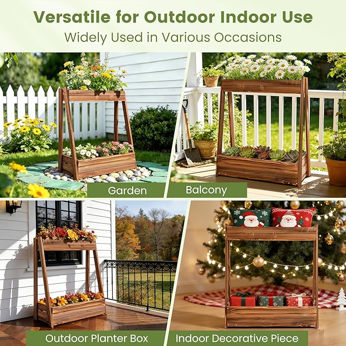 2-Tier Elevated Raised Garden Bed, 36" H Fir Wood Planter Box with 23" Large Growing Space, Drainage Holes & Non-Woven Liner, Outdoor Flower Bed & Herb Garden Planter for Patio Balcony Backyard