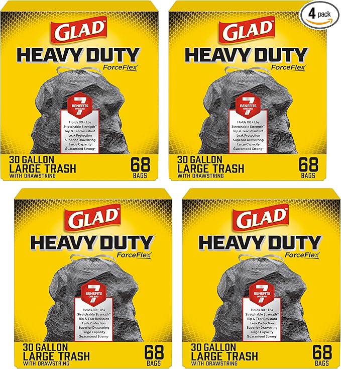 Glad ForceFlex Trash Bags 30 Gallon | Black | LeakGuard Protection | Stretchable Strength | 68 Count, Pack of 4