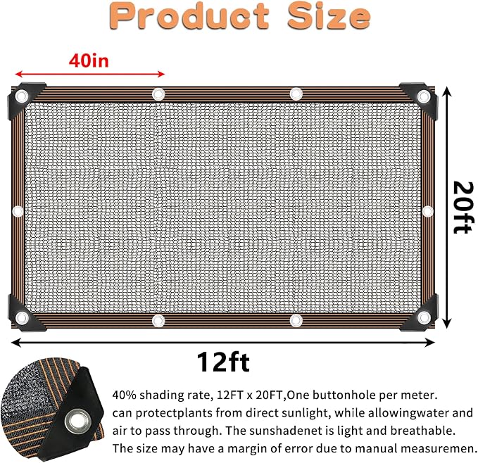12'x20' Shade Cloth -for Garden Plants,40% Sunblock Shade Neting for Outdoor Greenhouse Patio Lawn Plant Sun Shade Cloths for Kennel Chicken Coop Easier to Hang Shade Net Cover