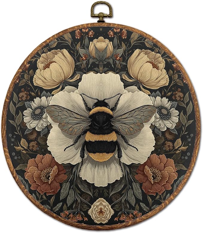 DOFQZ Vintage Boho Floral Bee Round Wall Art Decor, Dark Cottagecore Flower Bumblebee Framed Wall Art, Retro Botanical Canvas Wall Hanging Decor for Home Bedroom Living Room, 10x10