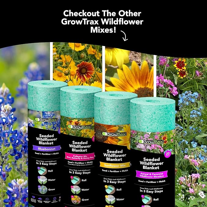 Growtrax Easy-Grow Wildflower Seed Mat - 40 sqft Annual & Perennial Mix - Eco-Friendly Bio Fabric, Ideal for Spring Planting, Flower Display, Pots, Beds & Walkways - Attracts Butterflies & Bees