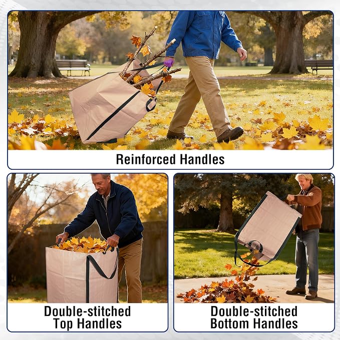 WORKPRO Heavy Duty 72-Gallon Reusable Yard Waste Bags, 3 Pack Self-standing Leaf and Lawn Bags with Reinforced Handles, Garden Waste Bags for Debris, Leaves, Grass, and Outdoor Recycling, Light Tan
