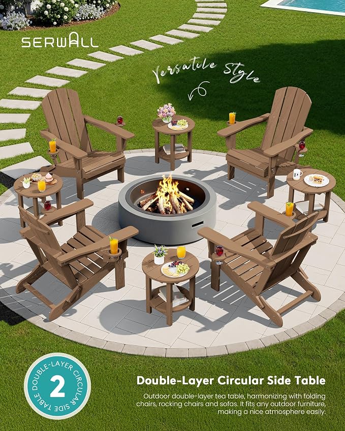 SERWALL Round Outdoor Side Table Set of 2, HDPE Small Adirondack Double End Table, Brown