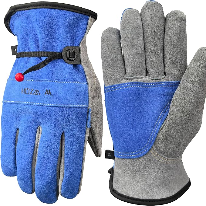 WZQH Leather Work Gloves for Men or Women. Large Glove for Gardening, Tig/Mig Welding, Construction, Chainsaw, Farm, Ranch, etc. Cowhide, Cotton Lined, Utility, Firm Grip, Durable. Blue-Grey L