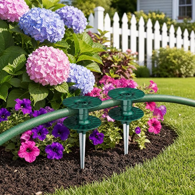 Zapdos 6PCS 10 Inch Heavy Duty Outdoor Yard Garden Hose Guides, Dark Green Metal Stakes with Rotatable Spin Top, Durable Hose Spikes Keep Water Hose Away from Flower Beds & Lawn Plants