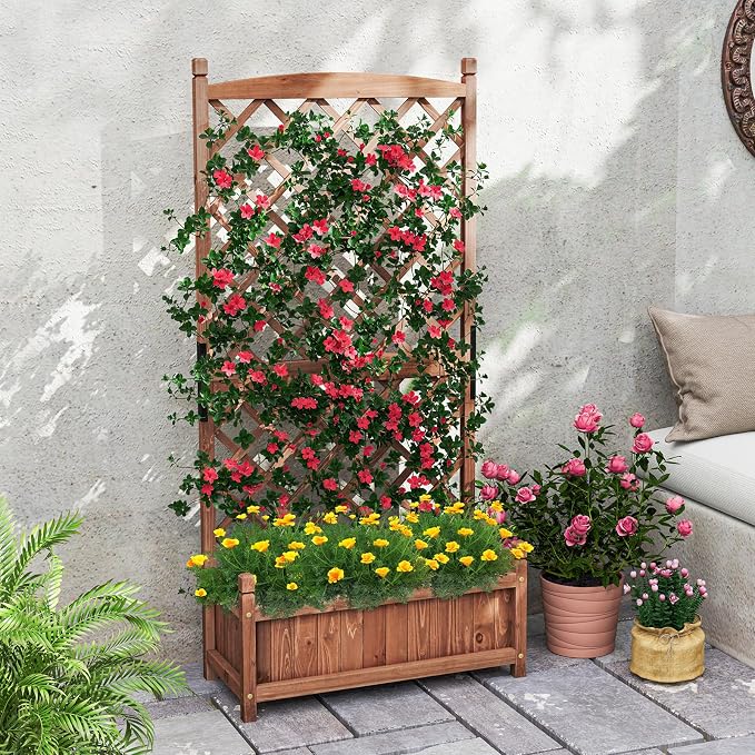Giantex Raised Garden Bed with Trellis Set of 2, 60” Wooden Planter Container w/Drainage Holes, High Trellis for Plant Flower Climbing Pot Hanging, Indoor Outdoor Planter Box for Yard Garden Balcony