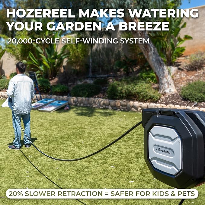 5/8" x 100 ft Heavy Duty Retractable Garden Hose Reel by HOZEREEL, Outdoor Garden Hose Reels - Self Retract Wall Mount Hose Reel Automatic Storage, Any Length Lock, 10 Pattern Nozzle