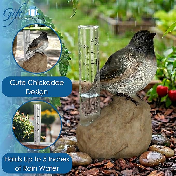 Gift Essentials Chickadee Decorative Rain Gauge Outdoor - Resin Bird Figurine on Rock Base - Removable Tube Measures Up to 5 Inches of Rainfall - Garden Decor Gift