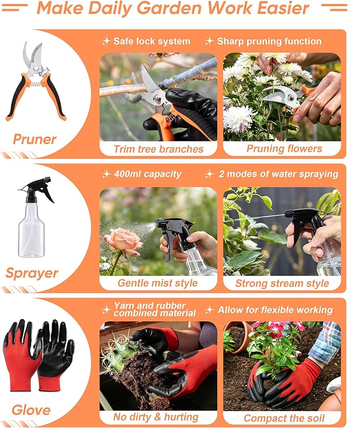 9-Piece Stainless Steel Garden Tools Set, HaSteeL Outdoors Gardening Hand Utensils Kit with Storage Bag, Rust Resistant, Heavy Duty, Gift for Women/Man/Gardeners