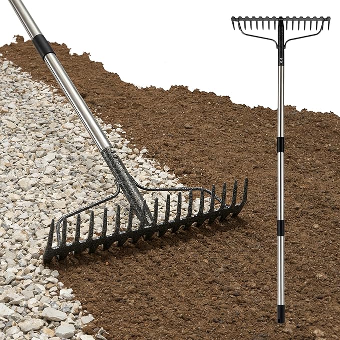 63" Bow Rake,Heavy Duty Metal Garden Rake for Moving Gravel Loosening Soil Leveling Ground Gathering Leaf Debris Spreading Mulch, 17 Tines,Adjustable Handle, for Lawn Garden Farm Landscape Work