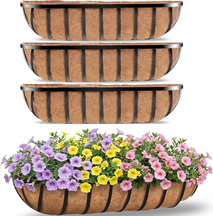 HFHOME 30" Deck Railing Planter Box with Horse Trough Coco Liners, Black Window Box Metal Hanging Flower Planters Baskets for Indoor, Outdoor, Balcony, Porch, Fence, Patio, and Lawn (Set of 4)