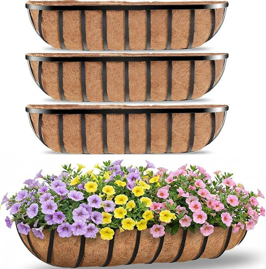 HFHOME 30" Deck Railing Planter Box with Horse Trough Coco Liners, Black Window Box Metal Hanging Flower Planters Baskets for Indoor, Outdoor, Balcony, Porch, Fence, Patio, and Lawn (Set of 4)