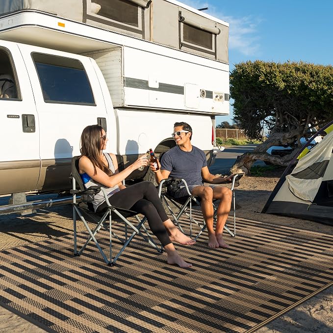 GENIMO Outdoor Rug for Patio Clearance, 6'x9' Reversible Plastic Straw Rugs, Lightweight Waterproof Geometric RV Camping Mat for Camper, Balcony, Deck, Backyard, Picnic, Black Brown