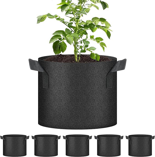 YSSOA 5 Pack 5 Gallon Grow Bags, Aeration Nonwoven Fabric Plant Pots with Handles, Heavy Duty Gardening Planter for Potato, Tomato, Vegetable and Fruits, Black