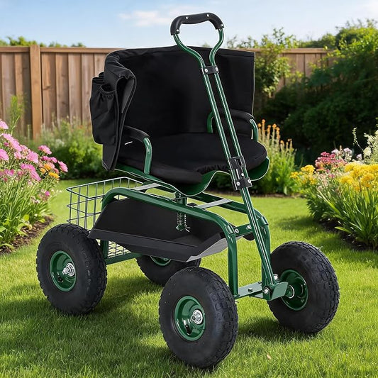 Rolling Garden Cart Workseat with Wheels, 360 Degree Swivel Gardening Stool, Extendable Steering Handle, Tool Tray, 10-Inch Inflatable Tires, Reinforced Steel Frame